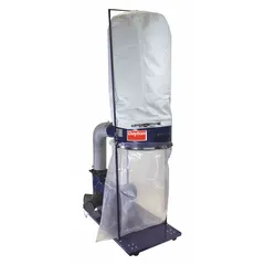 This mobile single-stage wood dust collector operates on 120V AC and delivers 1,490 cfm airflow. It uses a bag collection type and has a sound level of 80 dBA. Suitable for capturing wood chips, dust, and debris from woodworking machinery such as table saws, planers, and sanders in small to medium workshops.