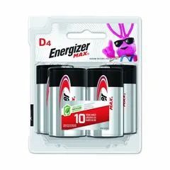 D-cell alkaline battery delivering 1.5V DC in a 4-pack. Suitable for high-drain devices such as large flashlights, portable radios, and toys requiring sustained power. Also used in industrial maintenance tools and emergency equipment.