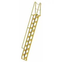 VESTIL ATS-12-68 alternating-tread steel stairs provide compact access to elevated platforms and mezzanines. Yellow perforated steel construction with 350 lb load capacity. Designed for industrial environments where floor space is limited.