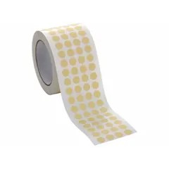 Pre-cut masking discs with a 1 5/16 in diameter, made from crepe paper with acrylic adhesive. Off-white color, designed for paint surfaces. Used to protect areas from overspray during painting, powder coating, or finishing operations.
