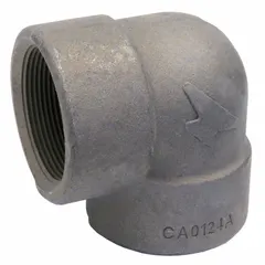 This 90° elbow is made of steel with a zinc-galvanized finish and features 1 1/2 in female NPT threaded connections on both ends. It is rated for a maximum operating pressure of 2,000 psi at 150° F, suitable for changing flow direction in high-pressure piping systems.