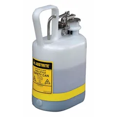This JUSTRITE Type I safety can is a 1-gallon polyethylene container in white, designed for storing and dispensing flammable liquids. Its single-spout opening allows for both pouring and filling. Typical applications include industrial, laboratory, and maintenance settings where safe handling of flammable liquids is required.