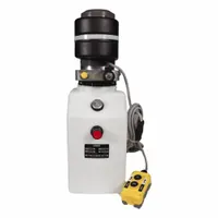 Single acting DC hydraulic power unit for mobile equipment. Operates on 12V DC, delivers 1.3 gpm at up to 2800 psi. Features a 2-way/2-position valve, SAE 6 ports, and an 8-quart poly reservoir. Suitable for powering single-acting hydraulic cylinders on dump trailers, spreaders, and lift gates