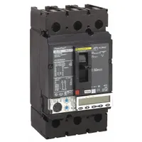This 3-pole molded case circuit breaker is rated 250 A at 600V AC with a maximum interrupting rating of 65kA at 240V AC. It features an adjustable instantaneous trip mechanism and box lug terminals for secure wiring connections. Part of the JG series, it is suitable for overcurrent protection in industrial power distribution systems, including feeder and motor circuits