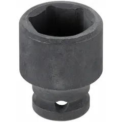 This impact socket is designed for use with impact wrenches and drivers in fastening and loosening applications. It features a 1/4" drive size, 1/2" SAE socket size, 6-point configuration, and standard length. The manganese phosphate finish provides corrosion resistance.