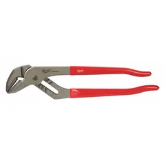 Groove-joint pliers with serrated flat jaws, 12 in overall length, and 2 1/4 in maximum jaw opening. Used for gripping and turning in plumbing, electrical, and mechanical tasks where a flat jaw profile provides secure hold.
