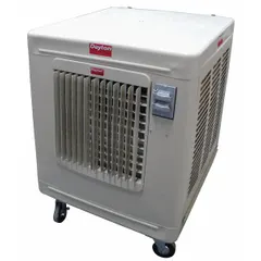 This portable evaporative cooler provides cooling for areas from 1,000 to 1,400 square feet. It operates on standard 120V AC power with a 5-15P plug and features a 2-stage cooling system. Suitable for use in large indoor or outdoor spaces such as warehouses, workshops, and event areas.