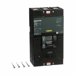 Fixed-mount molded case circuit breaker rated 350 A with 22kA interrupting capacity at 600V AC. Features line/load lug terminations and is non-applicable for ground fault protection. Used for overcurrent protection in industrial power distribution panels, manufacturing facilities, and commercial electrical systems.
