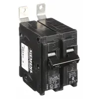 The Siemens B250 is a 50 amp, 2-pole miniature circuit breaker from the BL Series, rated for 120/240V AC single-phase service. It features a bolt-on connection and a maximum interrupting rating of 10kA at 120/240V AC. Designed for use with Siemens P1 panelboards, it provides overcurrent protection in branch circuits