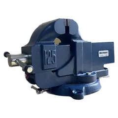 Enclosed bench vise with serrated jaws, 5-inch jaw face width, and 5-1/2-inch maximum jaw opening. Constructed of steel with bolt-down mounting for secure attachment to workbenches. Suitable for holding workpieces during machining, assembly, or repair tasks in industrial settings.