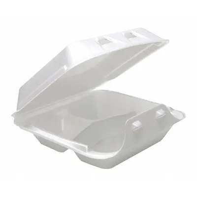 PACTIV Disposable Carry-Out Food Container: White, Hinged Lid Container Container - Hinged-Lid Foam Containers