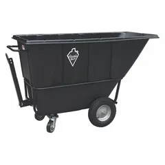 This towable tilt truck features a steel-reinforced plastic body with a flat design and a 27 cu ft capacity. Rated for 2100 lb, it measures 77 in L x 34 1/2 in W x 36 in H and includes (2) axle-mounted casters. Suitable for transporting bulk materials in industrial and warehouse settings.