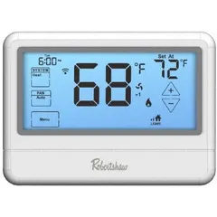 Commercial thermostat for heat and cool applications. Features a white housing, touch screen control, auto-on-off fan settings, and fully customizable programming. Includes voice-enabled smart capabilities and Rh terminal designation. No humidification control.