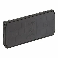 This magnetic tool holder is a MODBox rail attachment made of dark gray plastic. It measures 1 5/16 inches wide, 3 inches high, and 7 3/8 inches long. Designed to secure ferrous tools on compatible rail systems, it provides hands-free access in workshop or job site settings.