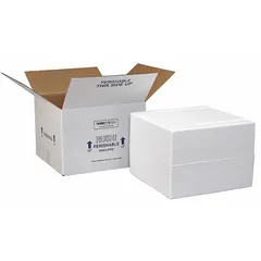 White corrugated cardboard box with 1.25 in thick Styrofoam insert for temperature-sensitive shipments. Suitable for use in cold chain logistics for pharmaceuticals, biologics, and food products.