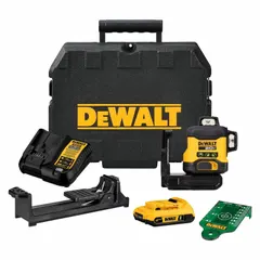 Green beam cross-line laser level with electronic self-leveling. Projects three lines (horizontal and vertical) for alignment and layout tasks. Accuracy of ±1/8 in @ 30 ft. Powered by a 20V Max 20V 2 AMP battery (included).