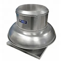 Assembled belt-drive fan with a 16 1/2 in wheel and square base, delivering 2,697 cfm at 575V AC. Includes drive package, open dripproof standard-efficiency motor, single speed. Designed for roof or wall mounting in high-static pressure exhaust applications.