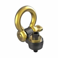 This side-pull die-flipping pivot and rotate hoist ring is made of black oxide-coated steel with a 1"-8 thread size. It has a maximum capacity of 7,100 lb and a 180° pivot angle. Typical applications include die handling and heavy equipment maintenance where lifting and positioning are required.