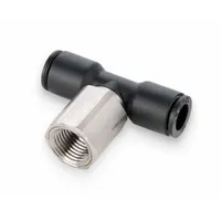 This tee fitting features a Push-to-Connect x Push-to-Connect x FNPT configuration, constructed from nylon and nickel-plated brass. It accepts 1/4 in OD tubing and has a 1/4" FNPT thread. Used to branch pneumatic or fluid lines, it enables quick, tool-free connections in industrial automation, packaging, and material handling systems