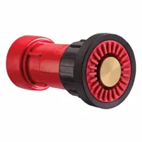 The VIPER I218950 is a constant pressure nozzle with a rigid plastic body and NPSH threads. It features adjustable gallonage and a twist activation mechanism to switch between fog and straight stream spray patterns. This nozzle is used in firefighting and industrial water-delivery applications where control over flow rate and spray pattern is required