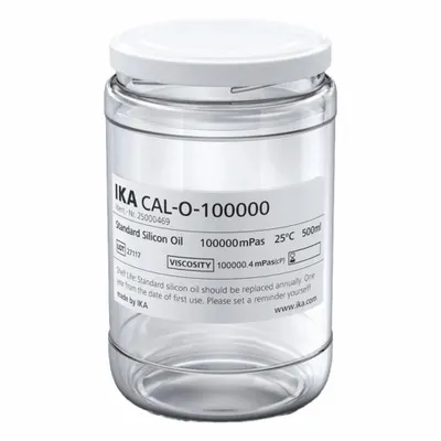 IKA Silicon Oil: 100,000 cps Viscosity, 500 mL Volume, Clear Glass, Jar, Liquid - Viscometer Calibration Standards