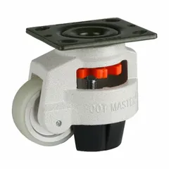 General purpose leveling plate caster with polyurethane tread for floor protection and quiet rolling. Wheel diameter 75 mm, mounting height 120 mm, white frame. Suitable for medium-duty applications such as workstations, carts, and light machinery requiring stable positioning and mobility.