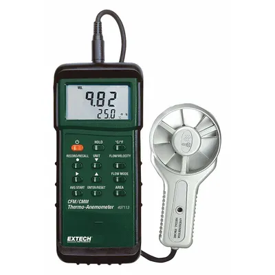 EXTECH Anemometer: 1 fpm Air Velocity Resolution, CFM, Rotating Vane, Air Velocity/Temp - Rotating Vane Air Velocity Meters