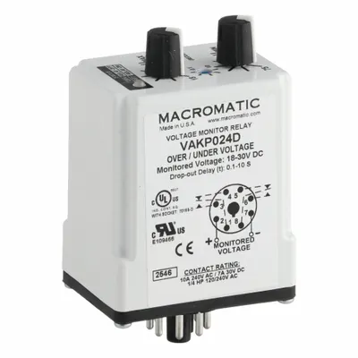 MACROMATIC Voltage Sensing Relay: Socket Mounted, 8 Pins/Terminals, 10 A, 24V DC - Socket-Mounted Relays
