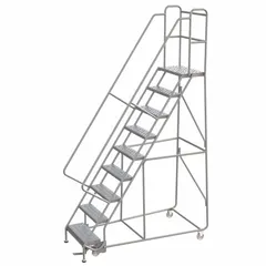 This assembled aluminum manual-lock ladder features a 7.5 ft platform height and includes handrails. The perforated steps and gray finish provide a slip-resistant surface. Suitable for elevated access in warehouses, stockrooms, and industrial facilities.