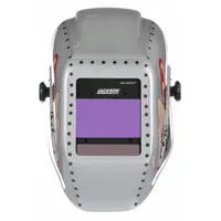 Silver thermoplastic auto-darkening welding helmet with Arc Angel graphic. Features digital ADF controls, W9–W13 shade range, 2.36 x 3.94 in viewing area, ratchet suspension, and grind mode. Suitable for MIG, TIG, and stick welding, with grind mode for face protection during grinding