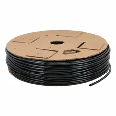 This PARKER polyurethane tubing has a 1/4 in inner diameter and 3/8 in outer diameter, supplied in a 500 ft length. It is black with a Shore A 90 to 95 hardness and rated for a maximum operating pressure of 170 psi at 73°F. Suitable for pneumatic and fluid transfer applications in industrial automation, packaging, and material handling.