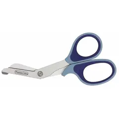Standard bandage scissors with titanium blades and rounded tips for safe cutting. Blue plastic handles feature soft grip for comfort. Disposable, 7 1/2 in overall length. Suitable for cutting medical dressings, tape, and clothing in clinical settings.