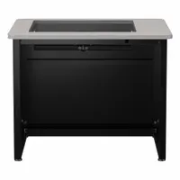 This VERSADESK computer desk features a Gray Matrix wood desktop and a black steel frame. It measures 36 inches wide by 31 inches high and includes a modesty panel. Suitable for office or home workstation setups supporting monitors, keyboards, and accessories