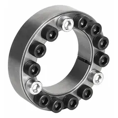 Inch-system keyless bushing with multi-screw locking assembly for mounting components such as pulleys or sprockets onto a shaft without a keyway. Outer diameter 3 47/64 in, width 1.26 in, no flange. Provides a zero-backlash, high-torque connection for power transmission applications.