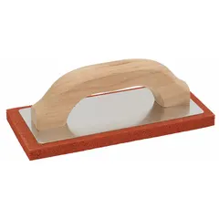 Concrete hand float with a square rubber blade and a wood handle. Used for smoothing and leveling fresh concrete surfaces such as slabs and walkways.