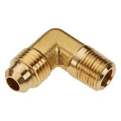 Brass 45-degree flare tube elbow with 5/8 in OD fitting size and flared/threaded connection. Designed for connecting tubing to threaded ports in hydraulic, pneumatic, and fluid-handling systems. Manufactured to ISO 9001:2015 standards.