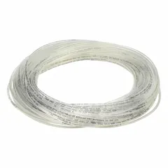 Metric polyurethane tubing with 2.5 mm inner diameter and 4 mm outer diameter, supplied in 100-foot lengths. Beige in color with Shore A 90 to 95 hardness, rated for maximum operating pressure of 190 psi at 180°F. Suitable for pneumatic and fluid transfer applications requiring flexibility and abrasion resistance.