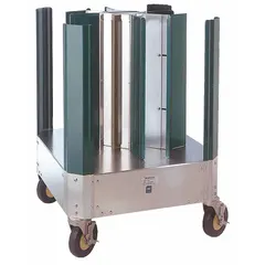 This aluminum dish dolly features 4 compartments for organized transport and storage of plates. It has a 250 lb max load capacity and is equipped with two casters, one with a brake. NSF certified for commercial use.