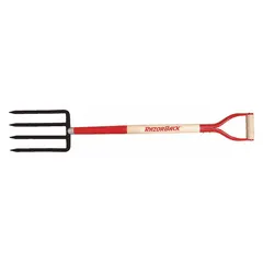 This spading fork features a steel head for turning soil and breaking up clods in garden beds. The 30-inch wood handle with D-grip provides leverage for digging and transplanting tasks.