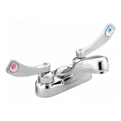This centerset bathroom faucet from MOEN's M-Dura series is constructed of brass with a chrome finish. It features an arc spout and a flow rate of 1.2 gallons per minute. Mounting hardware is included. Suitable for standard lavatory sinks in residential or commercial settings.