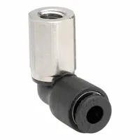 This nylon and nickel-plated brass elbow fitting connects 1/8 in OD tubing to a 3/16 in pipe size with a #10-32 UNF thread. It uses a push-to-connect design for quick, leak-free assembly in pneumatic and fluid-handling systems. Suitable for applications such as machining, instrumentation, and material handling