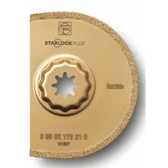 Carbide grit scraper blade for Starlock Plus oscillating tools. 3 9/16 in length and width, rounded shape. Used for removing adhesive, paint, caulk, and coatings from flat surfaces without gouging.