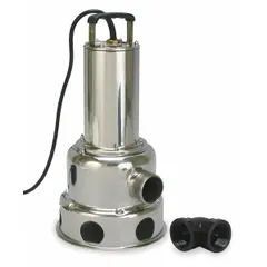 This corrosion-resistant sewage ejector pump is designed for handling wastewater and solids-laden water in sump pits, lift stations, and sewage systems. It features a 1 hp motor rated at 460V AC, delivering 112 gpm at 10 feet of head. The stainless steel impeller provides resistance to corrosive fluids. Discharge is 2-inch MNPT; switch is not included.