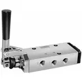 Four-way, three-position lever-operated spool valve with detent. Aluminum body with 3/8 in female NPT exhaust port. Used to direct compressed air in pneumatic systems for manual control of actuator direction.