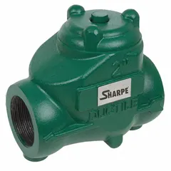 This 2-way inline swing check valve features a ductile iron body and FNPSM x FNPSM connections. It is designed to prevent backflow in piping systems, automatically closing when flow reverses. Suitable for general industrial applications requiring unidirectional flow control.