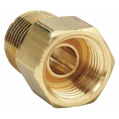 Standard brass inverted flare tube fitting adapter with flared/threaded connection. Connects 1/2 in OD tubing to 1/2 in pipe fitting. Thread size A: 3/4"-18. UL Listed. Suitable for industrial fluid systems requiring leak-tight seals in pneumatics, hydraulics, or instrumentation. Sold as a 10-pack.
