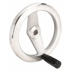 Spoked hand wheel with a revolving handle, designed for manual positioning and adjustment on industrial machinery, valves, and clamping devices. Constructed from aluminum with a zinc-plated finish. Features a 200 mm diameter and 3/4 in bore.