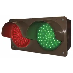 This hardwired traffic controller signal light features push-button activation and green/red LED display. The enclosure measures 7 in x 6 in x 14 in. It is used in pedestrian crossing or traffic control applications requiring permanent installation.