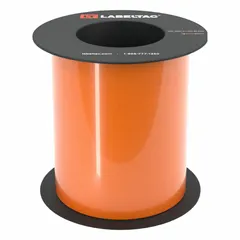 Continuous vinyl label roll for thermal transfer printing, orange gloss finish, 6 inches wide by 75 feet long. Suitable for indoor and outdoor use. Compatible with LabelTac 9 printer series. Used for creating durable labels for safety marking, pipe marking, and hazard identification.