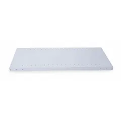 Solid steel shelf for standard metal shelving systems. 18-gauge steel with light gray powder-coated finish. Overall depth 18 inches. Pack of 5 includes 20 clips for installation. Suitable for organizing bins, boxes, and equipment in storage areas.